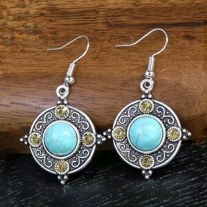 Boho Dangle Earrings Pierced Round Drop Native American Turquoise Silver Colors